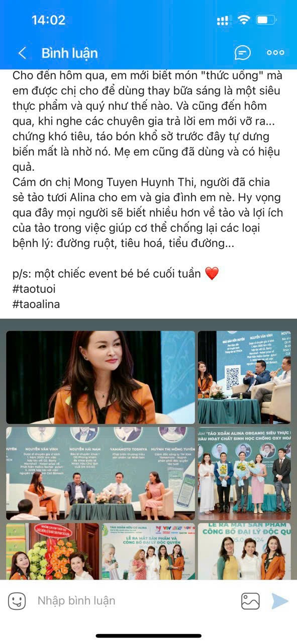 Feedback từ khách hàng sử dụng tảo xoắn tươi Alina” .